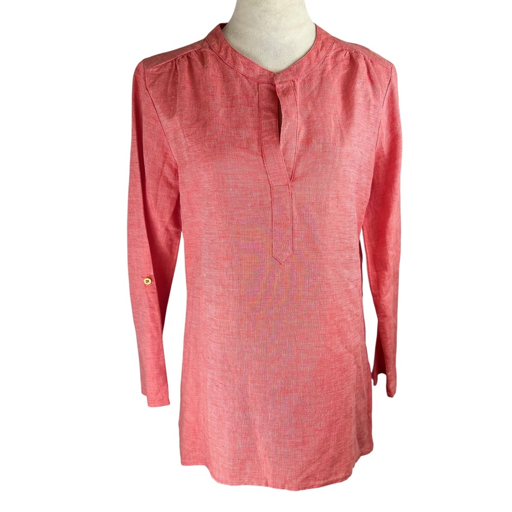 Ellen Tracy Linen Blend Coral Pink Roll Tab Sleeve Blouse Women Size Small